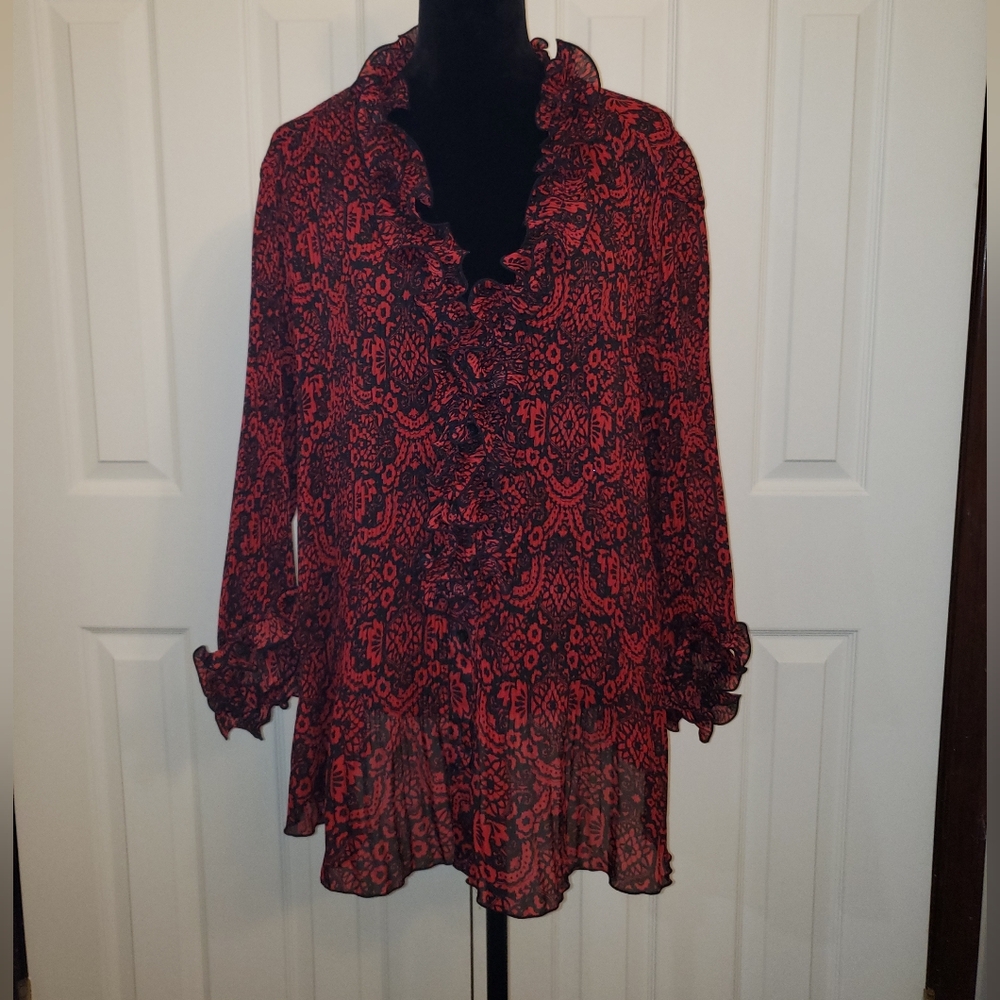 ​New Directions Red Black Medallion Print Blouse 2X Boho Ruffle Pleated Top